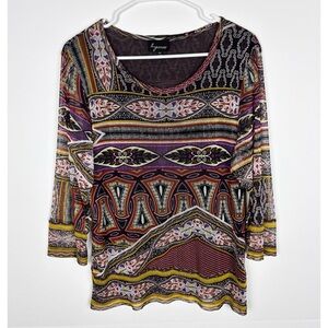 Lynn Ritchie Top Women’s Size Large Silk Mesh Artsy Tribal Bohemian 3/4 Sleeve
